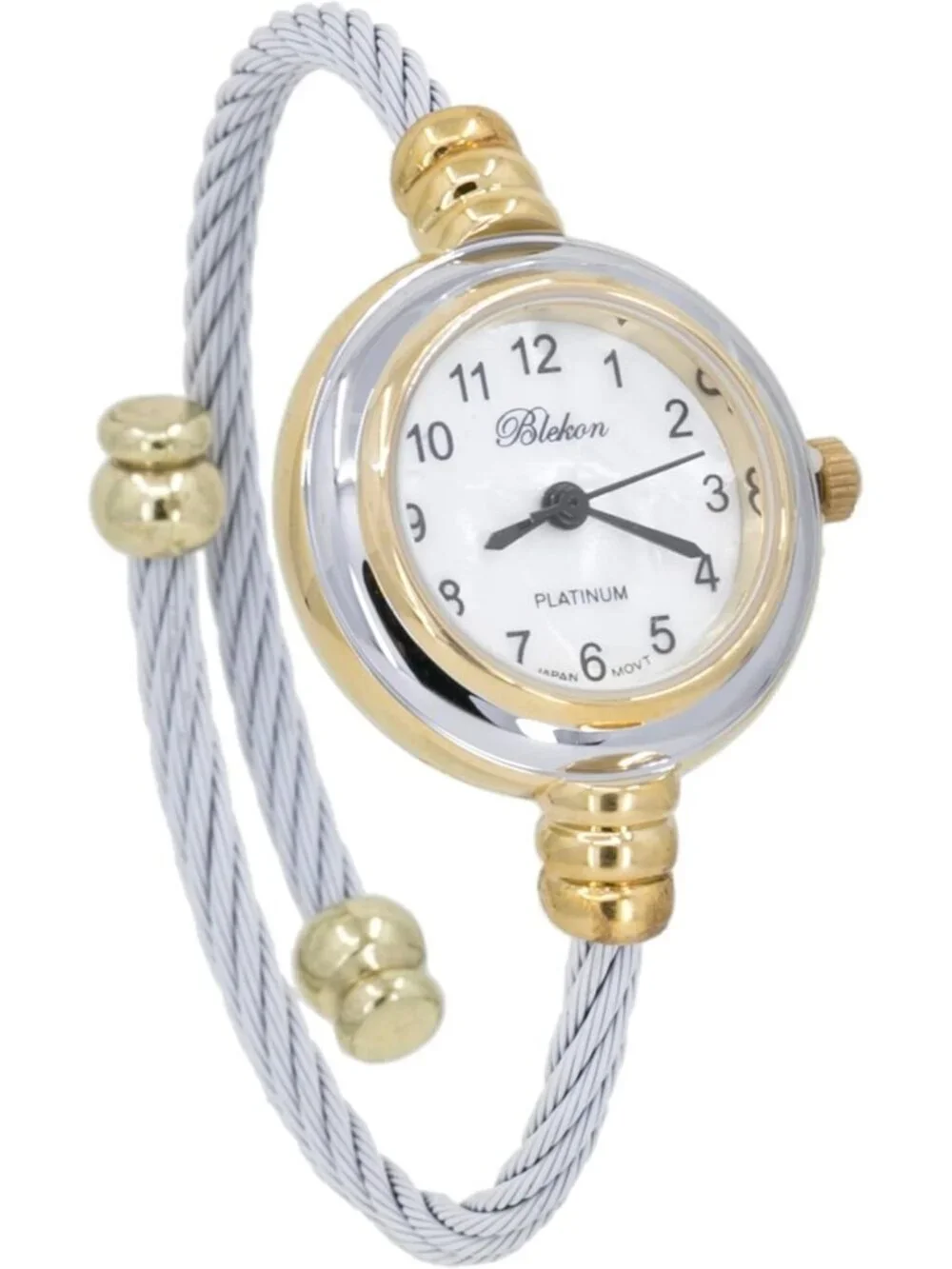 Womens Gold White Analog Quartz Elegant Cable Cuff Arabic Numbers Bracelet Watch